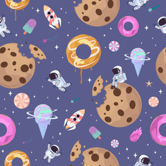 Sweet space seamless pattern with fantasy chocolate cookie, candy, donut, caramel sweets planets and astronaut. Editable vector illustration