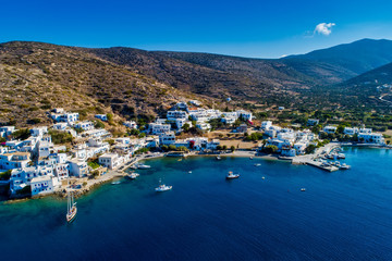 Aerial view of Katapola vilage, Amorgos island, Cyclades, Aegean, Greece