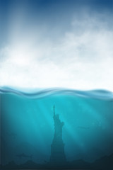 Wall Mural - underwater vector with shark, statue of Liberty and sea