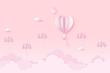 Paper art , cut and digital craft style of the lover in hot air heart balloon on pink sky and full moon as love, happy valentine's day and wedding concept. vector illustration.