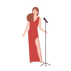 Aufkleber - Professional jazz singer, vocalist or songstress wearing elegant red evening dress and holding microphone stand