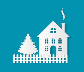 Paper cut building with door and windows, chimney pipe and fence. Vector fir tree spruce and dwelling isolated. Residential real estate building icon