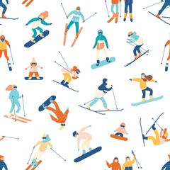 Poster - Seamless pattern with skiing and snowboarding people on white background. Backdrop with men, women and children performing winter outdoor sports activities. Colorful flat cartoon vector illustration.