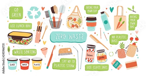 Fotografía Collection of Zero Waste durable and reusable items or products - glass jars, eco grocery bags, wooden cutlery, comb, toothbrush and brushes, menstrual cup, thermo mug