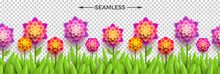 Fake Paper Flowers And Grass On A Checkered Background. Horizontal Seamless Design. Vector Illustration. Can Be Used On Any Background.