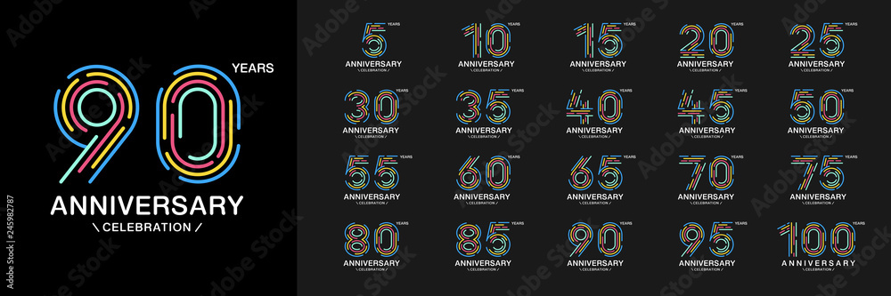 Set of anniversary logotype. Colorful anniversary celebration icons. Design for company profile, booklet, leaflet, magazine, brochure, invitation or greeting card. - obrazy, fototapety, plakaty 