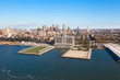 Brooklyn Heights in New York NYC in USA at sunny day. Aerial helicopter view.