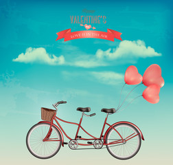 Aufkleber - Retro Valentine's Day holiday background with tandem bicycle with heart shape balloons. Concept of love. Vector