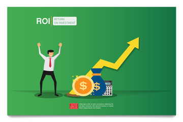 Wall Mural - Return on investment. Businessman feels happy for increasing profit. Vector illustration flat design. Isolated on green background