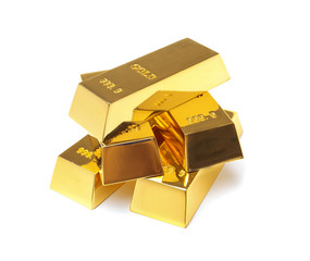 Precious shiny gold bars on white background