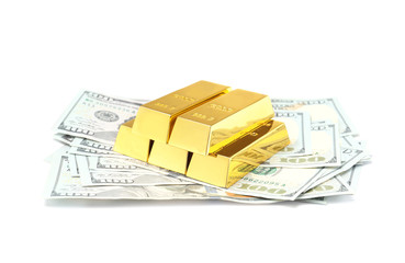 Shiny gold bars and money on white background