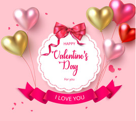 Wall Mural - Happy St. Valentine's Day greeting card with colorful 3d heart shape balloons.