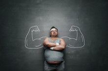 Funny Sports Nerd With Huge Muscle Arms Drawn On The Gray Background With Copy Space