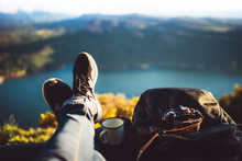 View Trekking Feet Tourist Backpack Photo Camera In Auto On Background Panoramic Landscape Mountain, Vacation Concept, Foot Photograph Hiking Relax In Auto, Photographer Enjoy Trip Holiday, Mockup