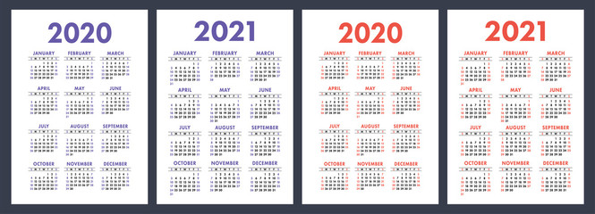 Calendar 2019, 2020 years. Basic vector set. Week starts on Sunday. Design template