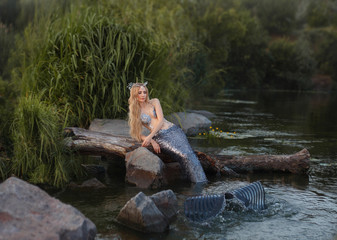 mythical attractive siren with a long tail, covered with scales, the sea princess with a wreath of shells plays in the river by the green grass, waves the water with a fin, bright colors in the photo