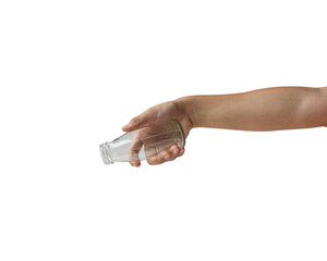 Wall Mural - Cropped of woman hand holding clear bottle without label isolated on white background.