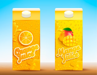 Wall Mural - Set of two juice packagings with different tastes.Fresh and natural orange and mango juice for your brand, logo,  template,  label,  emblem for packaging,  packing,  advertise. Vector illustration