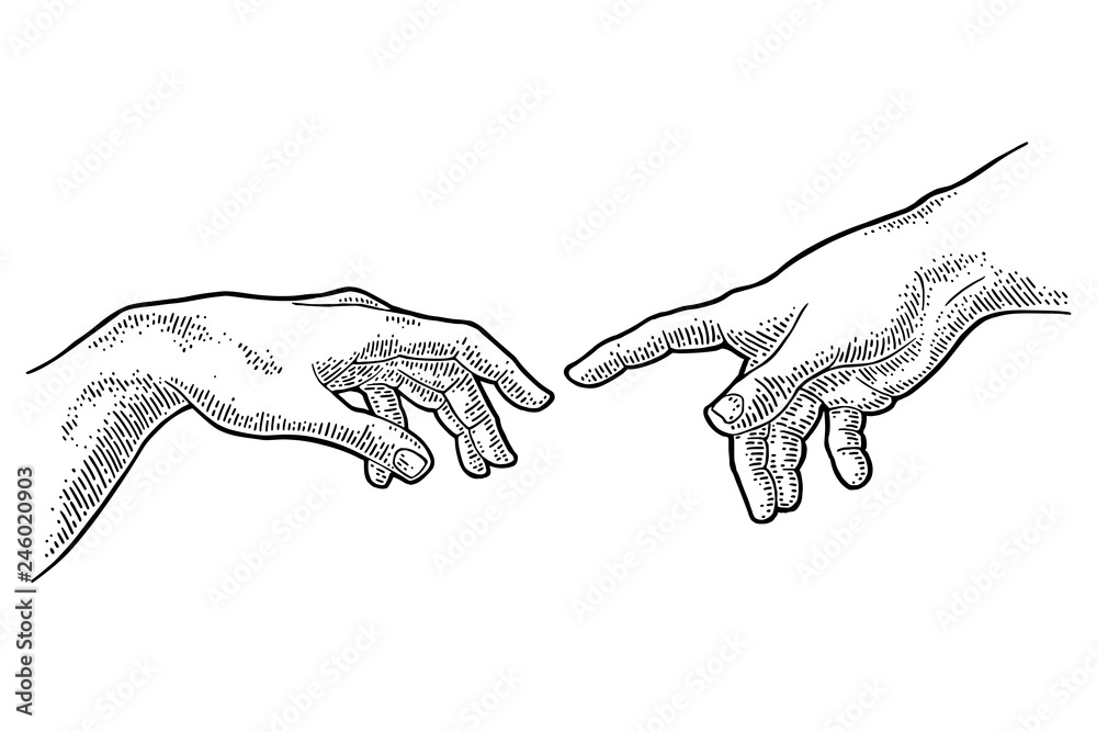 Male finger pointing touch god hand. The Creation of Adam. - obrazy, fototapety, plakaty 