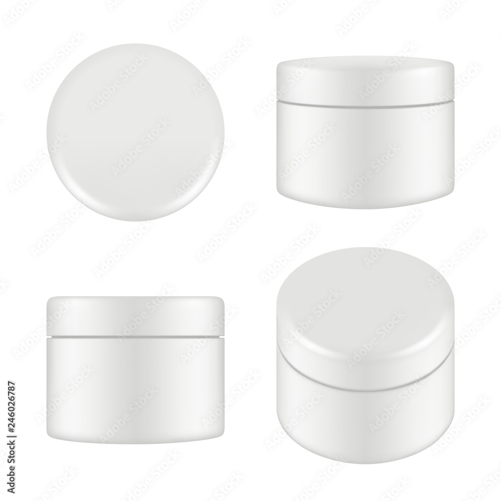 Cosmetic package. Rounded cleaning cream plastic tube box container top and side view vector mockup isolated. Illustration of container cream, plastic box round - obrazy, fototapety, plakaty 
