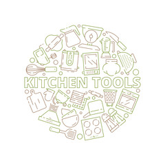 Poster - Kitchen tools icons. Food prepare cooking items spoon fork knife in circle shape vector thin line symbols. Illustration of kitchenware utensil, accessory of dishware and equipment