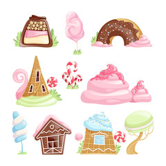 Poster - Fantasy desserts. Chocolate caramel biscuits jelly candies lollipop fairytale vector objects. Illustration of chocolate dessert and lollipop caramel