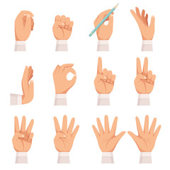 Poster - hands gesture. human palm and fingers touch showing pointing and holding taking vector cartoon colle