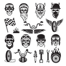 Biker Symbols. Skull Bike Flags Wheel Fire Bones Engine Motorcycle Vector Silhouettes. Illustration Of Motorcycle And Biker Skull