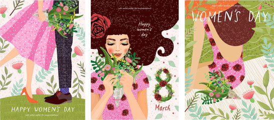 Happy Women's Day March 8! Cute cards and posters for the spring holiday. Vector illustration of a date, a woman and a bouquet of flowers!