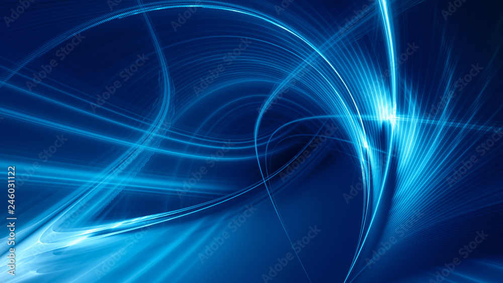 Abstract blue on black background texture. Dynamic curves ands blurs pattern. Detailed fractal graphics. Science and technology concept. - obrazy, fototapety, plakaty 
