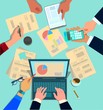 © anisimovfedor - Concept design of business teamwork, meeting and planning people sitting at the office table, top view. Marketing, hr, accounting department collaboration.