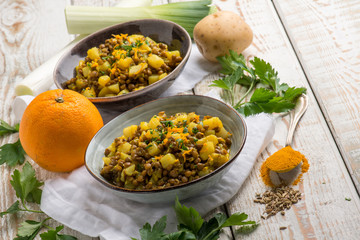 Canvas Print - potatoes and lentils salad with turmeric fennel seed and orange grated peel