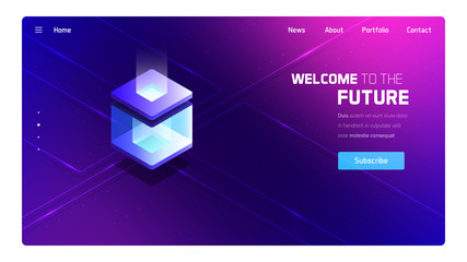 Big data center computing, blockchain technology isometric illustration, information processing.