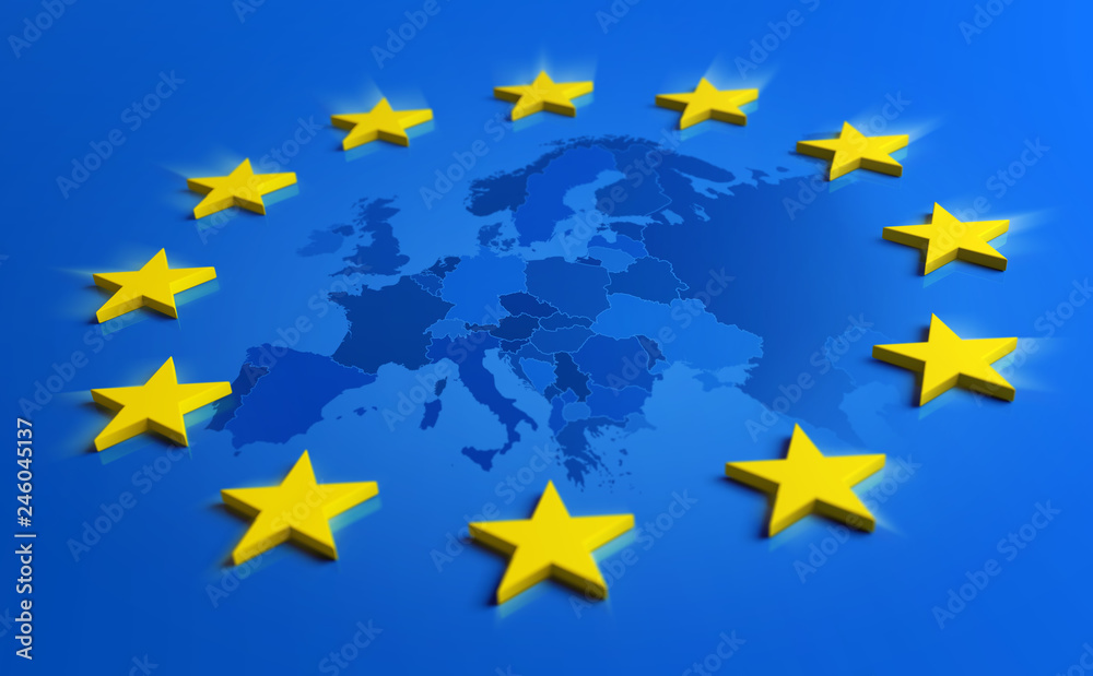 Europe blue flag with yellow stars and European Union map Stock ...
