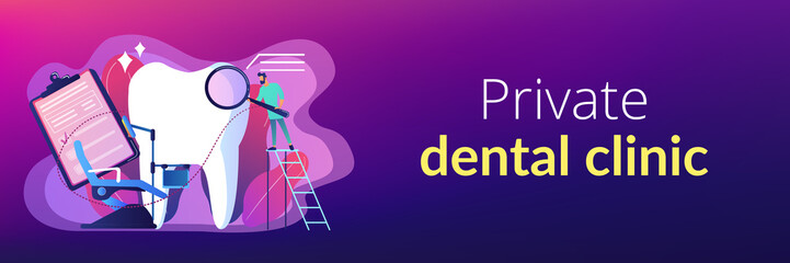 Wall Mural - Dentist with magnifier on ladder examining huge patient tooth and dental chair. Private dentistry, dental service, private dental clinic concept. Header or footer banner template with copy space.