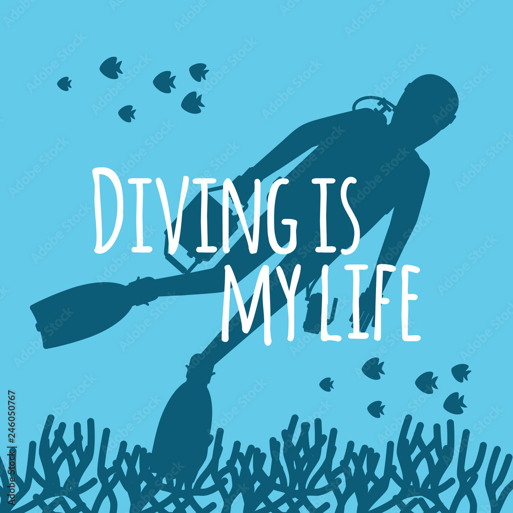 Scuba diving background with diver silhouettes vector illustration ...