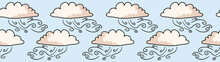 Hand Drawn Vector Cloud Illustration. Seamless Repeating Border Of White Fluffy Wind Lineart On Cloudy Blue Banner Ribbon. Sketchy Creative Lineart For Edge Trim, Kids Fashion And Weather Art Tape.