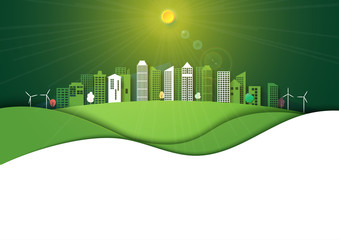 Poster - Green energy and eco cityscape background template paper art style.Ecology and environment conservation creative idea concept.Vector illustration.