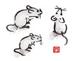 © michikodesign - 年賀状素材　水墨画風ねずみのイラスト　子年　干支動物　干支文字
