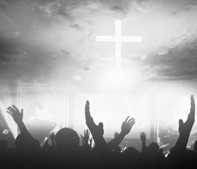 Wall Mural - concept of jesus christ: white cross on sunset sky background