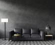 © artjafara - Home interior mock-up with sofa and decor, black stylish loft living room, 3d render