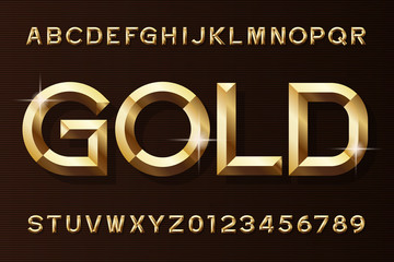Fototapete - Gold alphabet font. 3d beveled gold effect letters and numbers. Stock vector typescript for your design.