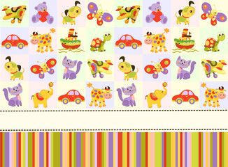  Seamless baby pattern with cute animals and toys. Illustration for kids. Children background for wallpaper, textile. Baby shower pattern or birthday greeting card. 