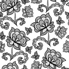 Wall Mural - Black seamless lace pattern with rose on transparent background