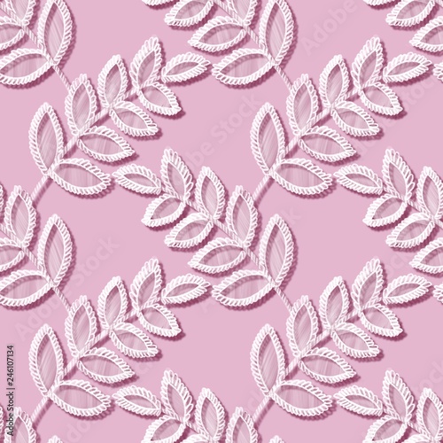 Lace seamless pattern with decortive white leaves on pink background