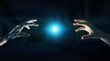 © sdecoret - Robot hand making contact with human hand on dark background 3D rendering
