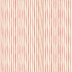 Wall Mural - Red Thin Hand Drawn Wavy Uneven Vertical Stripes On Cream Backrgound Vector Seamless Pattern. Classic Abstract Geo