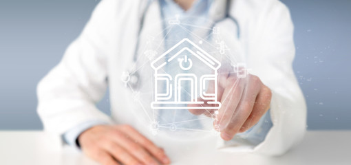 Poster - doctor holding smart home interface with icon, stats and data 3d rendering