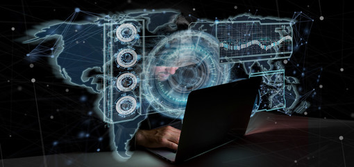 Poster - Hacker Man holding a Technology interface 3d rendering