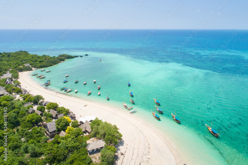 curved coast and beautiful beach with boats on Zanzibar island - obrazy, fototapety, plakaty 